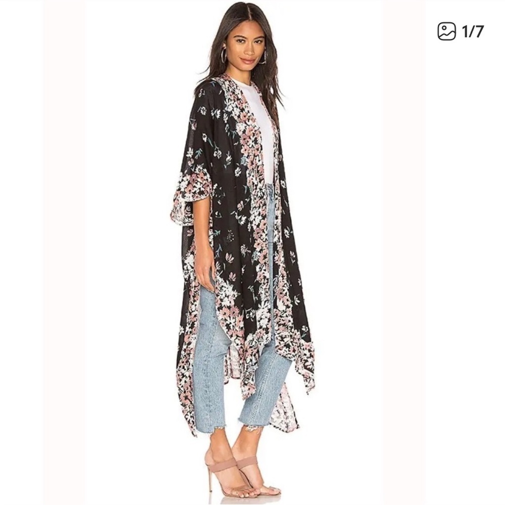Michael Stars Floral Kimono Rose Ruana in Black